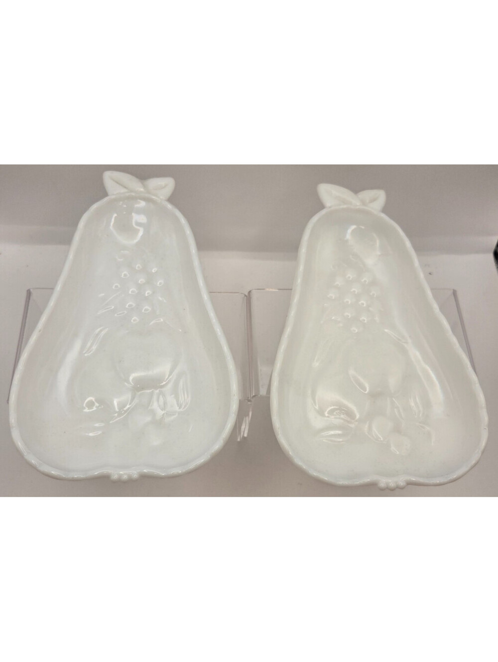 MCM Vintage Milk Glass Pear Shaped Dishes Set 2 Fruit Floral Candy Trinket